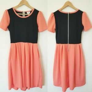 LulaRoe Amelia Black & Coral Midi Color Block Textured Fit & Flare Dress EUC